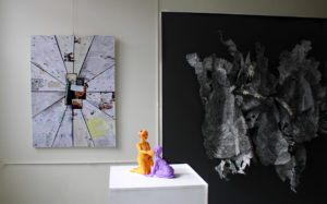 Cohort Artworks On Display at the Showcase, Collage, Sculpture, and Multi-media Installation