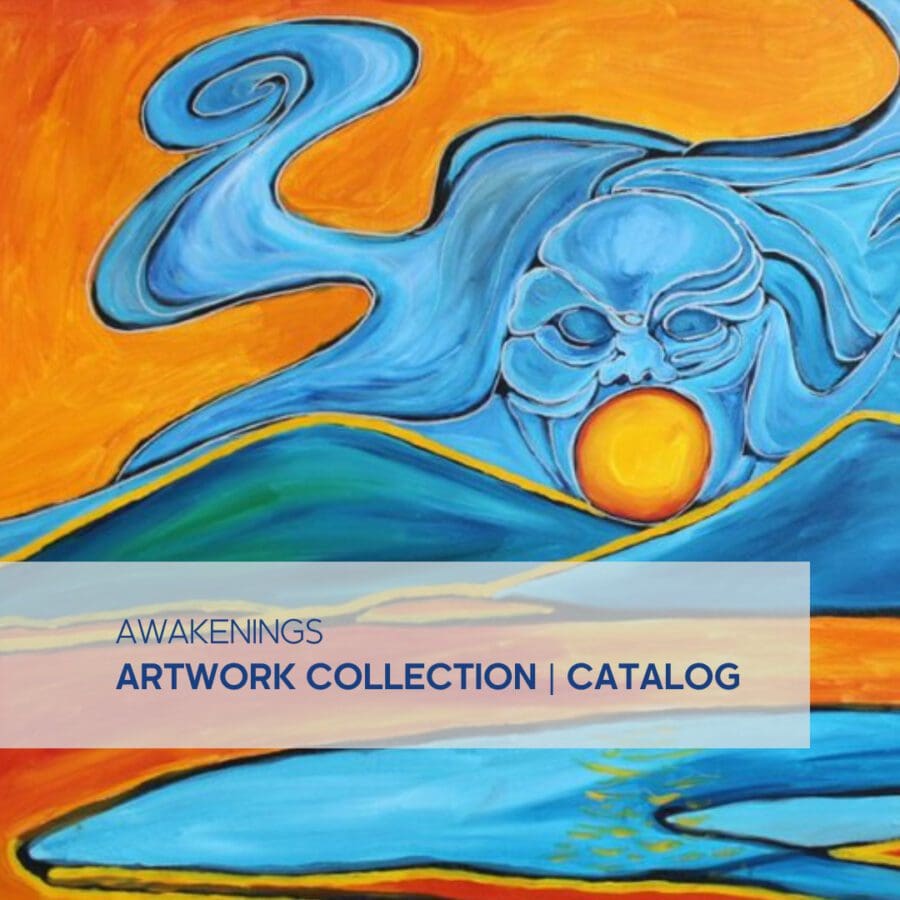Abstract painting of a blue, cloud-like figure with a face and swirling forms above mountains, holding a glowing sun, with a text banner reading "AWAKENINGS ARTWORK COLLECTION | CATALOG.
