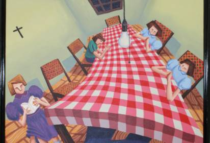 Four people with angular features sit around a long, checkered table under a hanging light in a room with wooden chairs, a cross on the wall, and a window.