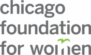 Logo for Chicago Foundation for Women, with “women” in lowercase and two green accent marks above the "m".