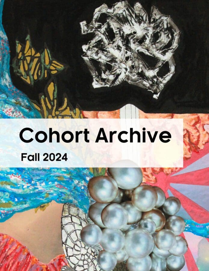 Abstract artwork with various shapes and colors, overlaid with white text that reads "Cohort Archive, Fall 2024.