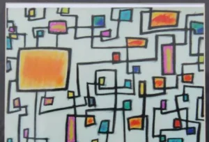 Abstract artwork featuring a network of black outlined, interconnected squares and rectangles, filled with various bright colors on a light background.