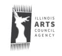 Illinois Arts Council Agency logo featuring a stylized white statue silhouette with a winged figure, framed by vertical lines on a dark background. Text appears to the right of the image.