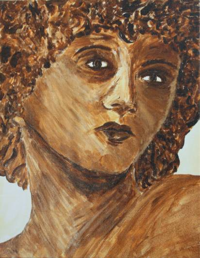 A close-up painting of a person's face with curly hair, rendered in shades of brown, featuring expressive dark eyes and a neutral background.