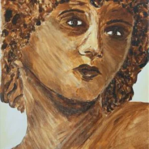 A painted portrait of a person with curly hair, prominent eyes, and a neutral expression, using brown and beige tones.