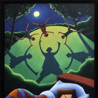 A person sleeps in bed under a blanket while five figures dance in a circle on a grassy hill under the moon, casting large shadows.