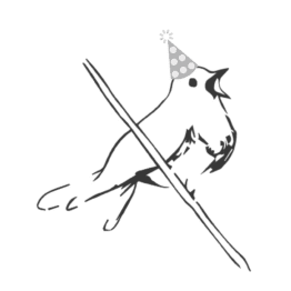 Black and white sketch of a bird perched on a diagonal branch, wearing a polka dot party hat.
