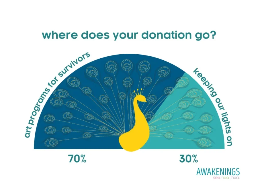 A graphic showing a peacock with its tail divided into two sections: 70% for art programs for survivors, 30% for keeping the lights on. Text reads, “Where does your donation go?”.