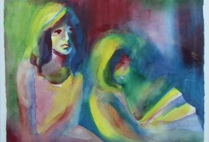 Abstract watercolor painting of two human figures, one sitting upright and the other bent forward, with vibrant yellow, blue, green, and red tones.