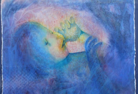 Watercolor painting of a baby in blue and yellow tones, lying on its side and sucking its thumb, with a soft textured background.