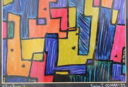 A colorful abstract drawing with geometric shapes in various colors and black outlines, featuring small black ant illustrations scattered throughout.