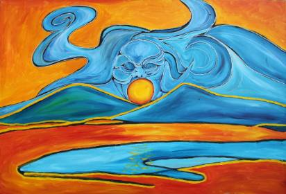 Abstract painting of a blue, face-like cloud over mountains, appearing to swallow the sun, with an orange sky and a blue river in the foreground.