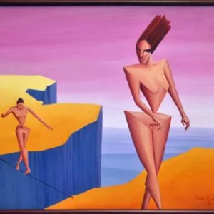 Abstract painting of two angular, nude human figures; one stands on a cliff edge, while the other walks on a tightrope over a deep blue chasm, with a pink and yellow sky in the background.
