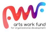 Logo for "arts work fund for organizational development" featuring a red to blue gradient abstract wave design above the text.