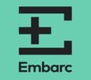 Black geometric logo resembling an abstract "E" and plus sign above the word "Embarc" on a teal background.