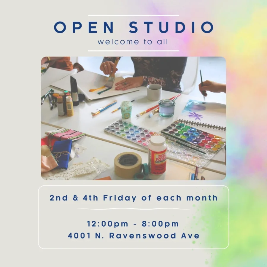 People painting and drawing at a table with art supplies, promoting an open studio event held on the 2nd and 4th Friday each month at 4001 N. Ravenswood Ave.
