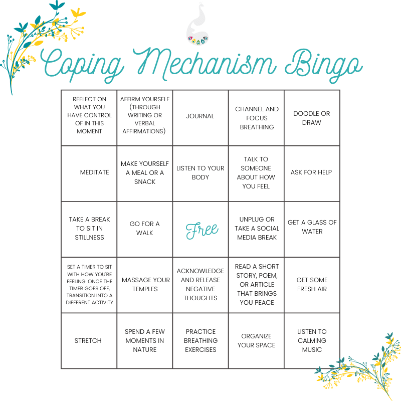 A bingo card titled "Coping Mechanism Bingo" with 25 squares, each listing a different coping activity such as "journal," "meditate," and "take a walk.