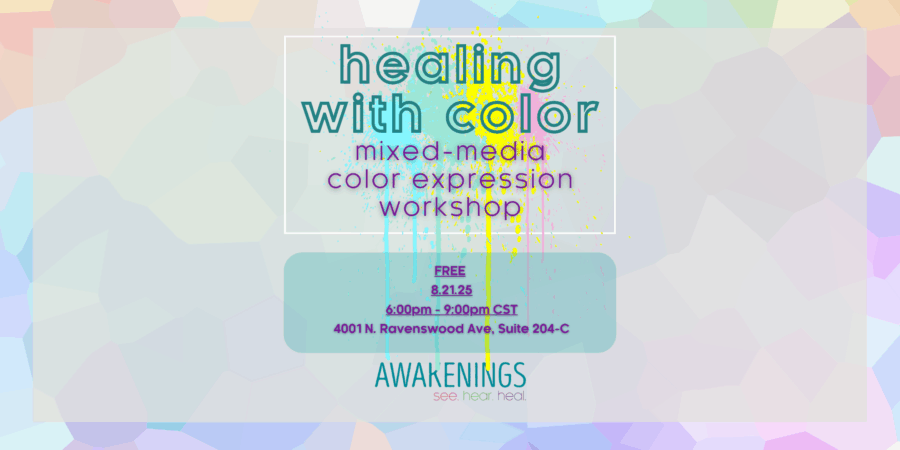 Promotional flyer for "Healing with Color: Mixed-Media Color Expression Workshop," with event details, date, time, and location on a pastel-colored background.