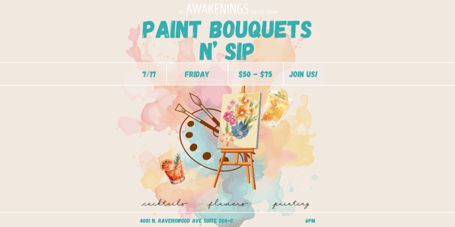 Event flyer for a Paint Bouquets N’ Sip fundraiser with floral art supplies, drinks, and event details on a pastel watercolor background.
